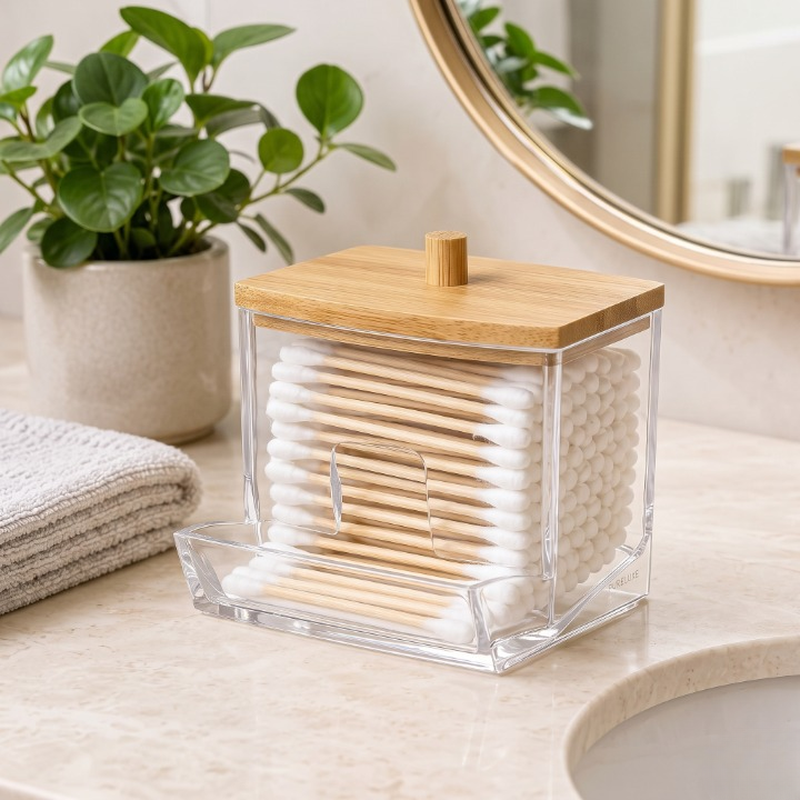 Cotton Bud Storage Box With Wooden Lid