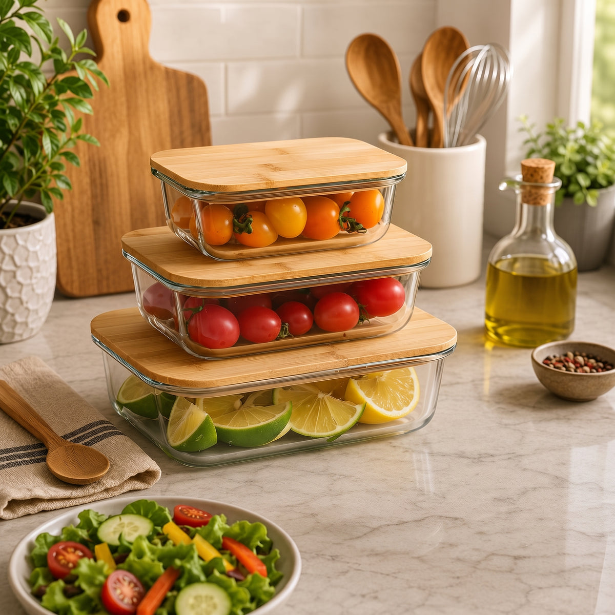 3PCs Glass Storage Containers With Wooden Lids