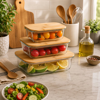 3PCs Glass Storage Containers With Wooden Lids