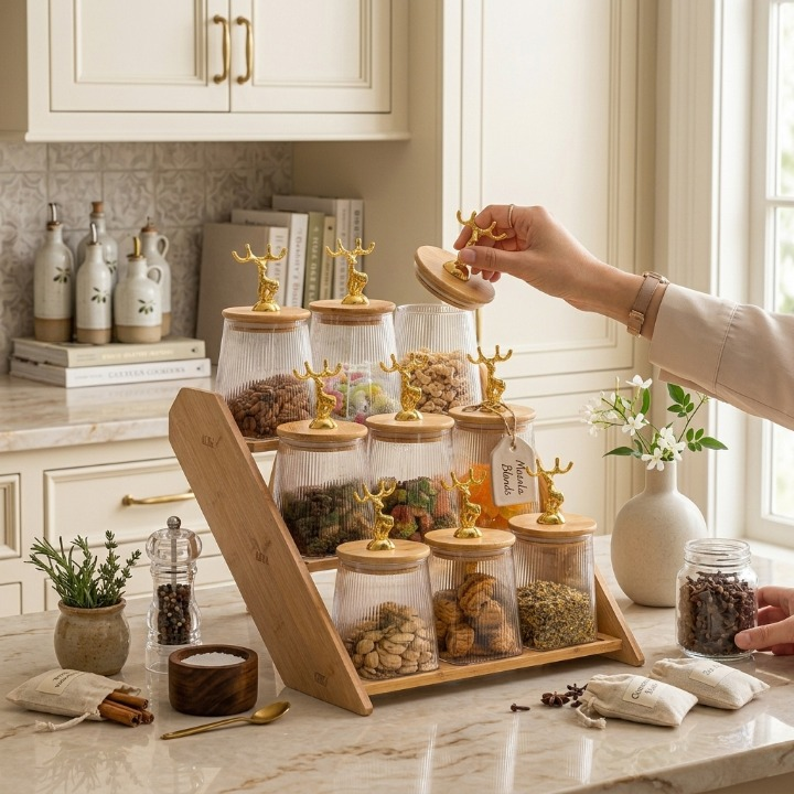 9-Jar Glass Spice Wooden Rack with Deer LId