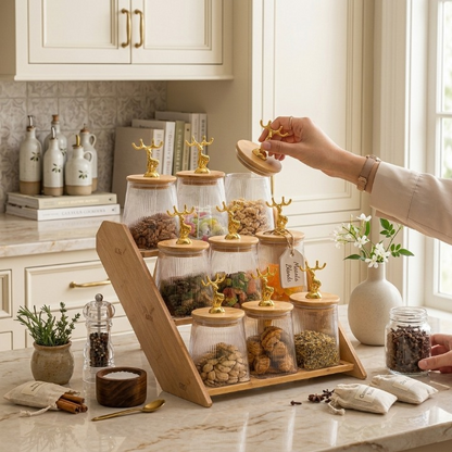 9-Jar Glass Spice Wooden Rack with Deer LId
