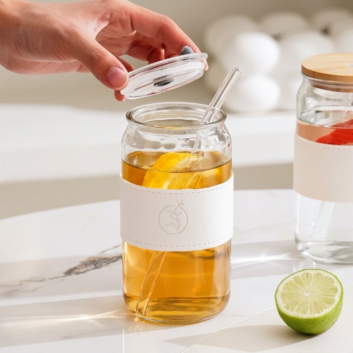 Elegant Leather Sleeve Glass Mug With Lid & Straw