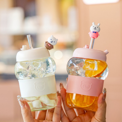 Elegant Bear Glass Cup with Straw