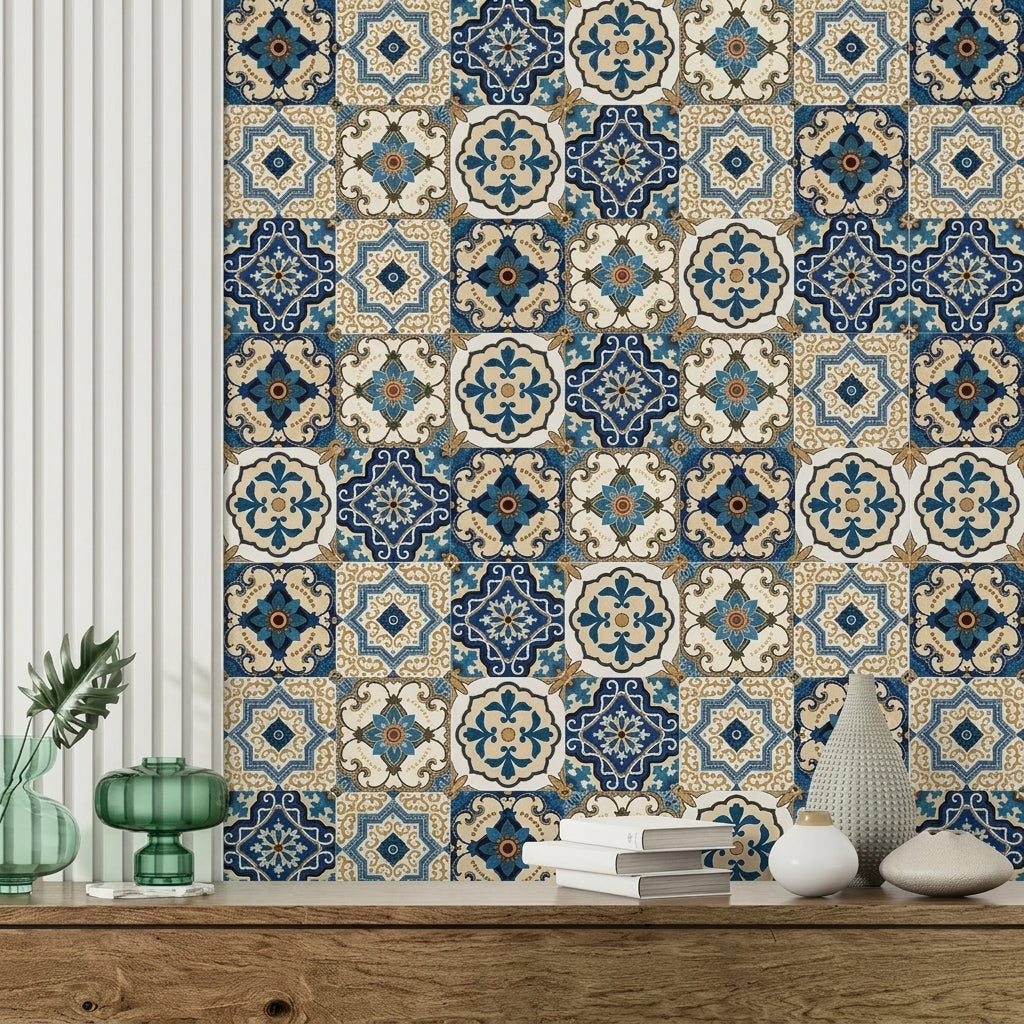 12PCs Blue & White Design Adhesive Tile Sticker