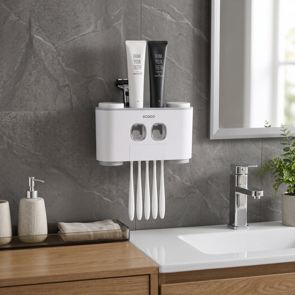 Wall Mounted Toothpaste Dispenser & Toothbrush Holder