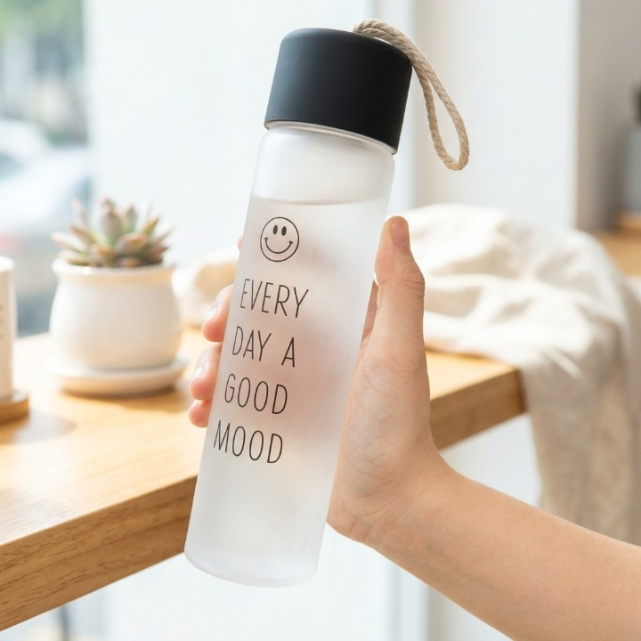 Frosted Smiley Glass Water Bottle 350ML