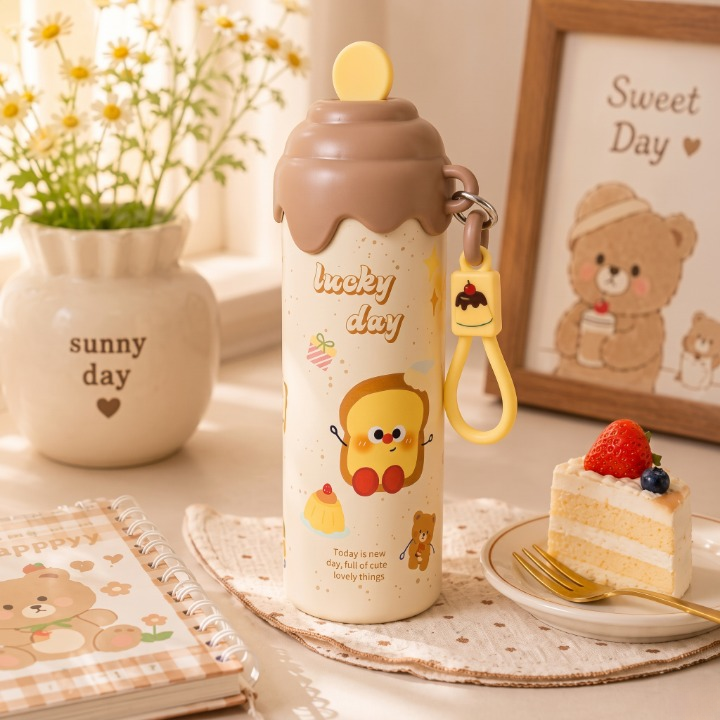 Stainless Steel Cartoon Water Bottle With Straw