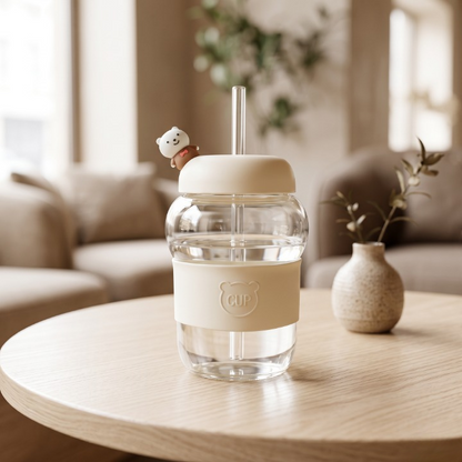 Elegant Bear Glass Cup with Straw
