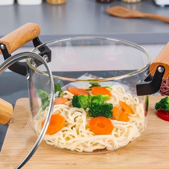 Transparent Glass Cooking Pot With Wooden Handle – 6.5L