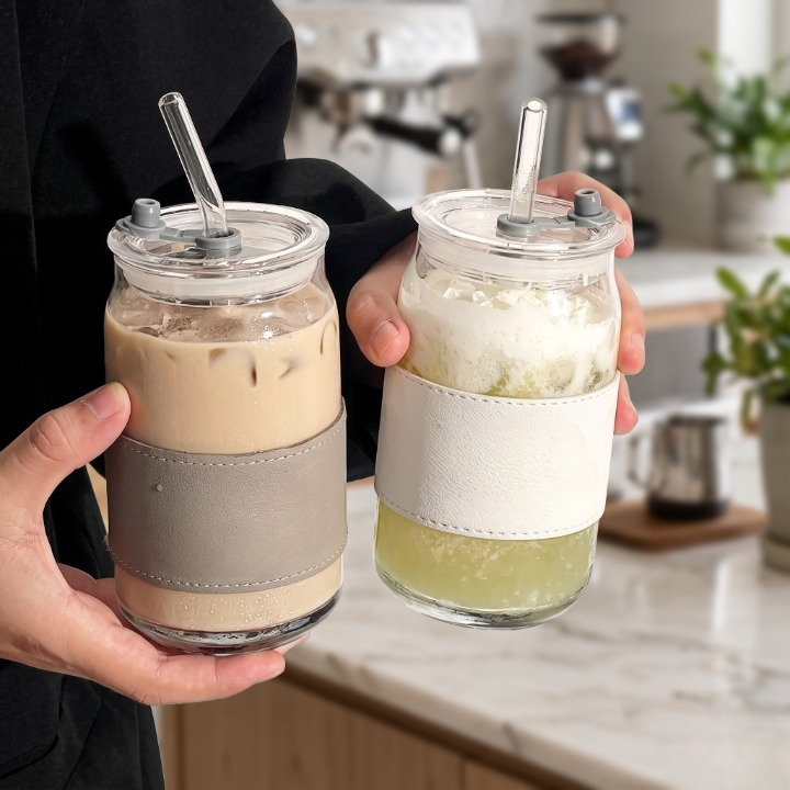 Elegant Leather Sleeve Glass Mug With Lid & Straw