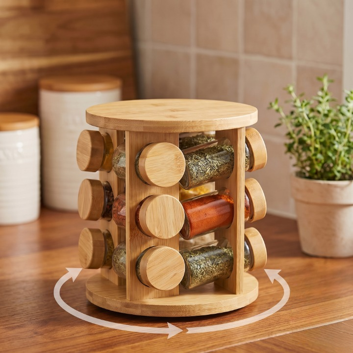 Wooden Rotating Spice Rack with 8 Glass Jars