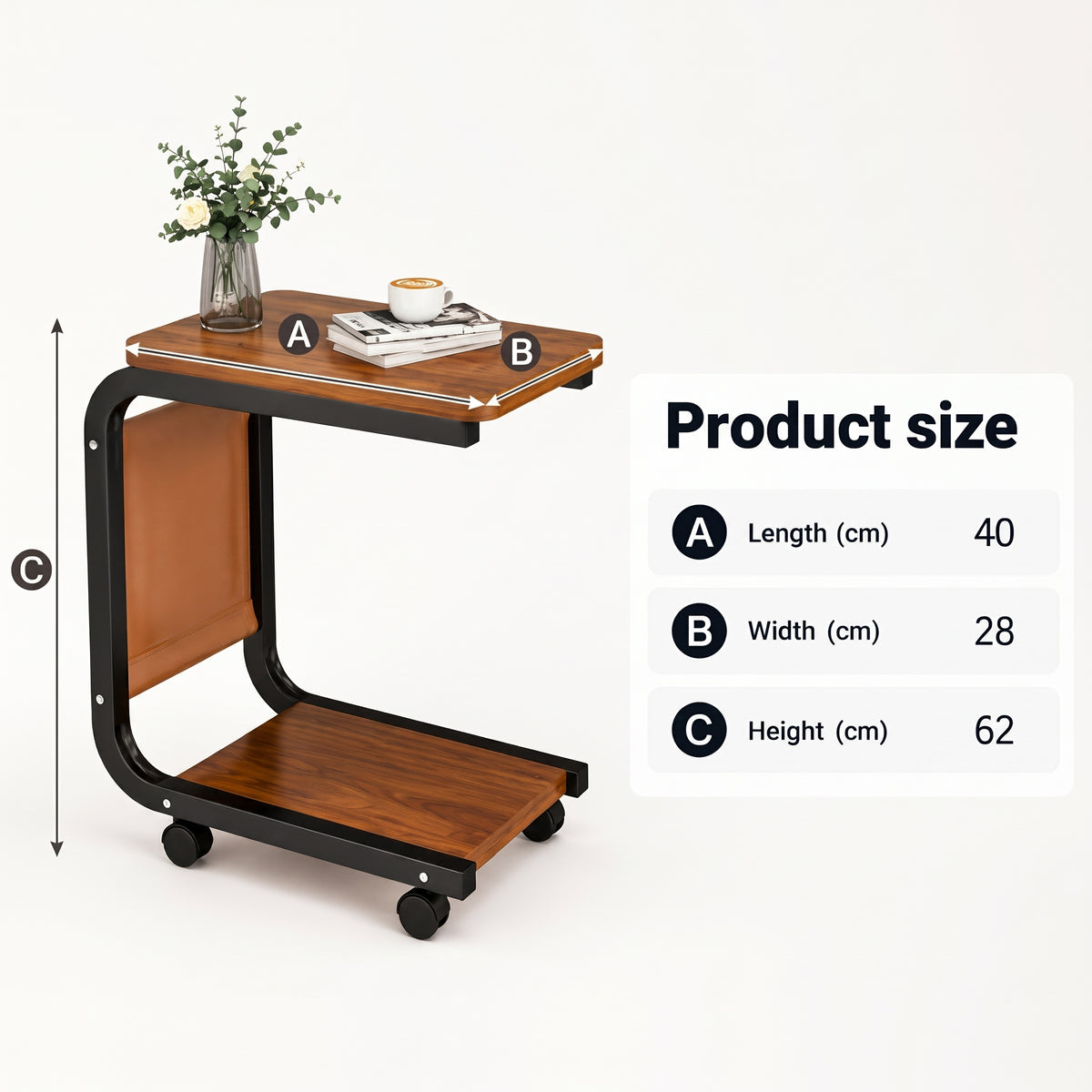 C-Shaped Sofa Side Table With Wheels