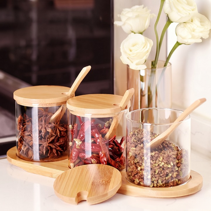 3PCs Glass Spice Jar Set with Wooden Tray