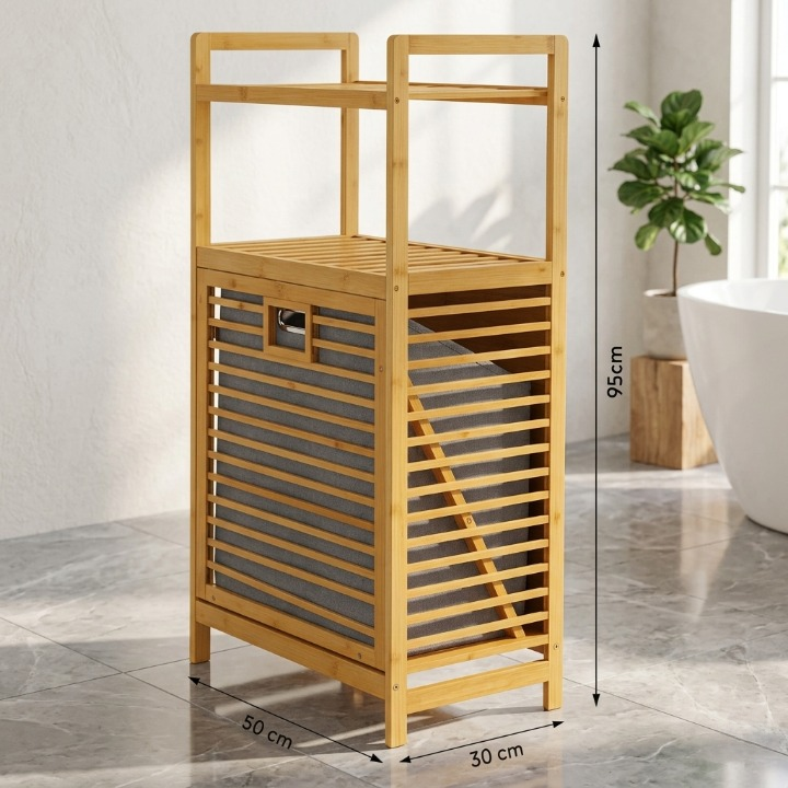 Laundry Basket with Wooden Storage Shelf