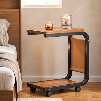 C-Shaped Sofa Side Table With Wheels