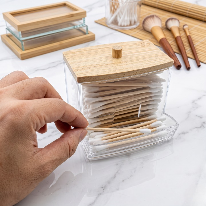 Cotton Bud Storage Box With Wooden Lid