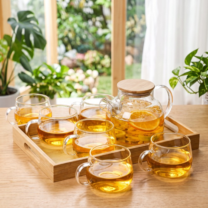 8PCs Glass Tea Kettle Set With Wooden Tray