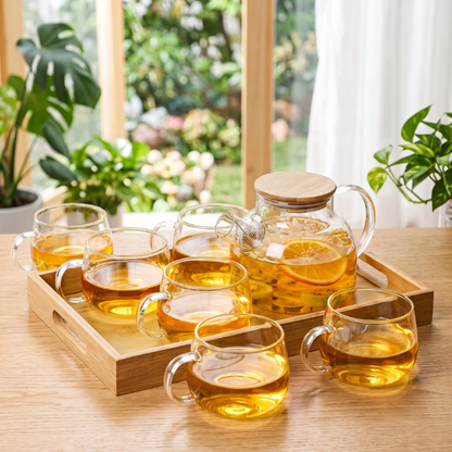 8PCs Glass Tea Kettle Set With Wooden Tray