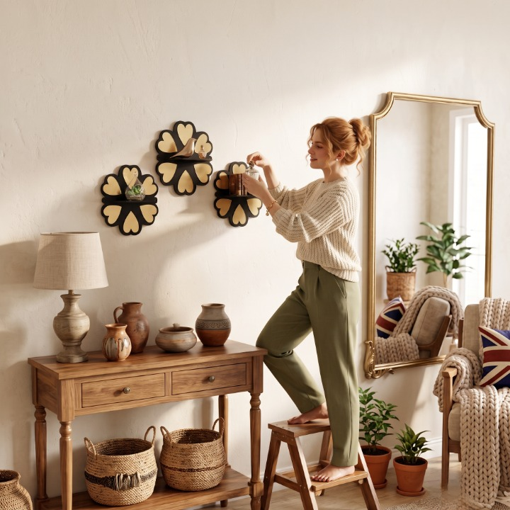 3PCs Golden Heart Flower Wall Shelf
