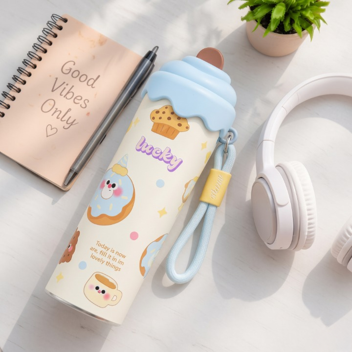 Stainless Steel Cartoon Water Bottle With Straw