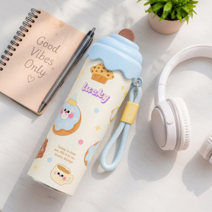Stainless Steel Cartoon Water Bottle With Straw