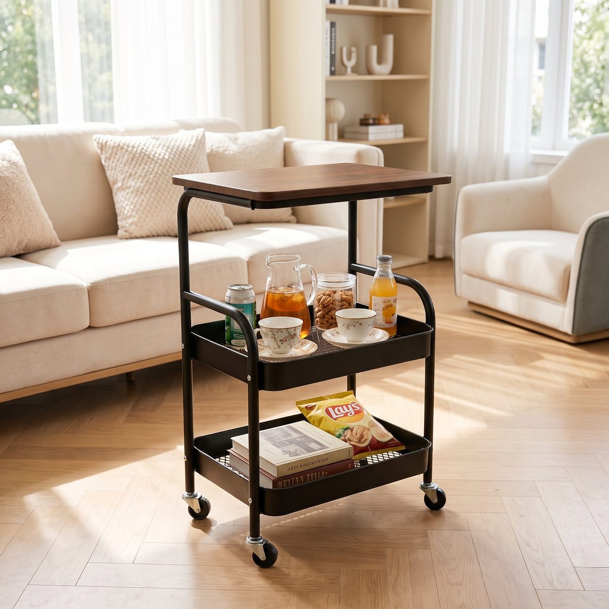 Luxury Rolling Side Table With Storage Shelves