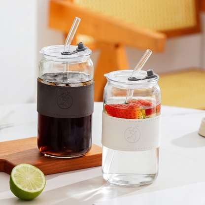 Elegant Leather Sleeve Glass Mug With Lid & Straw