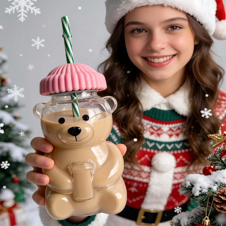 Cute Bear Glass Cup With Straw & Lid
