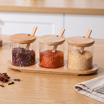 3PCs Glass Spice Jar Set with Wooden Tray
