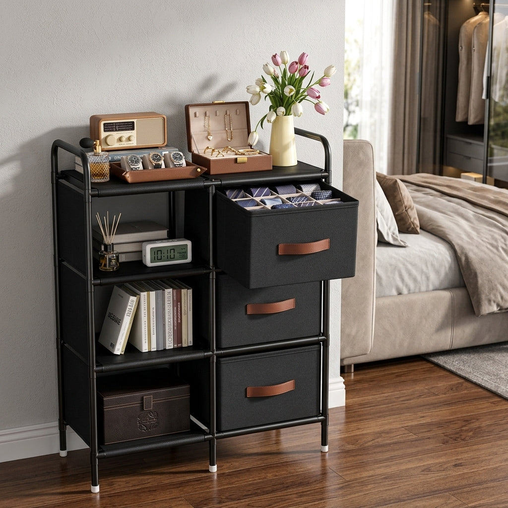 3-Drawer Fabric Storage With Side Shelves