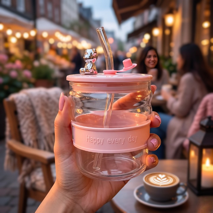 Elegant Teddy Glass Cup with Straw