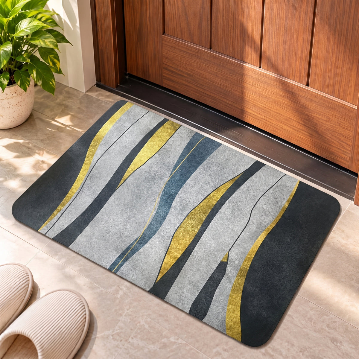 Grey & Yellow Striped Floor Mat (Random Design)