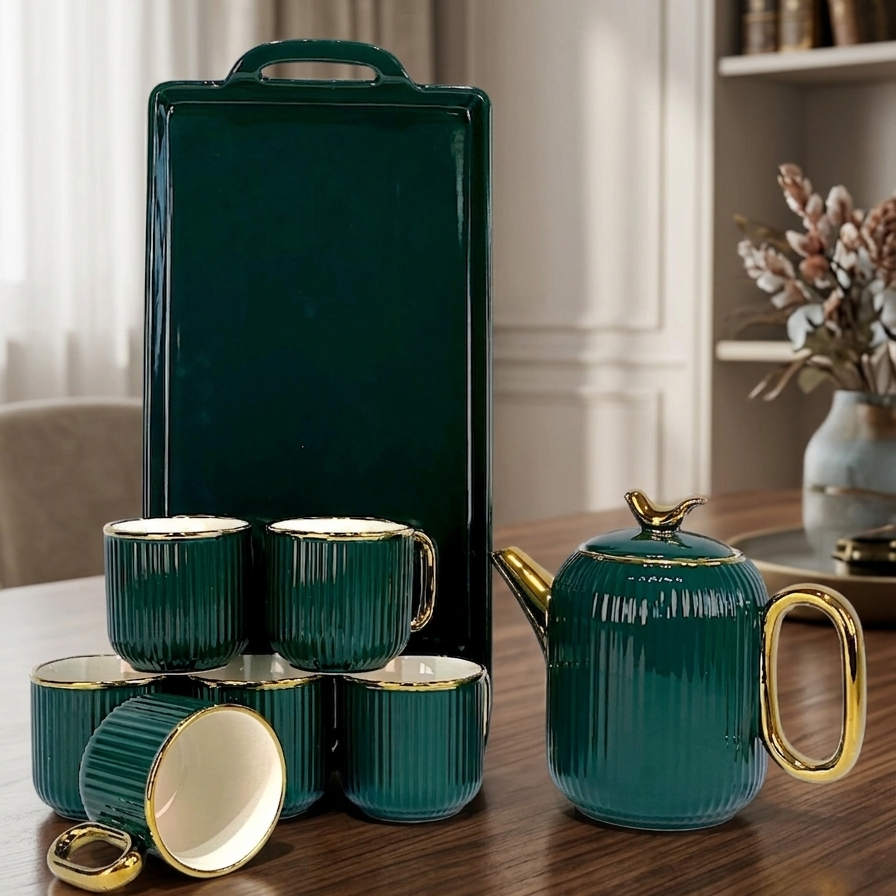 8PCs Ceramic Tea Set With Tray