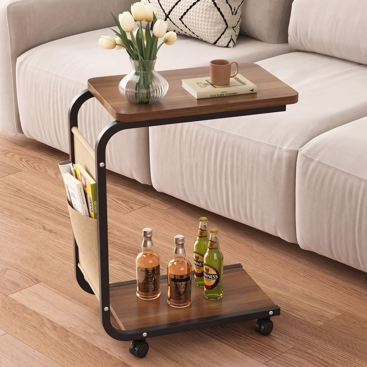 C-Shaped Sofa Side Table With Wheels