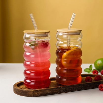 Ripple Wave Glass Mug with Wooden Lid