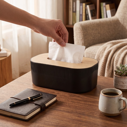 Elegant Ribbed Wooden-Top Tissue Box