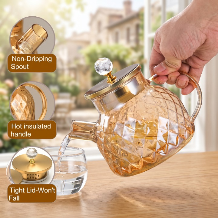 Crystal Glass Tea Kettle With Diamond Cut Lid