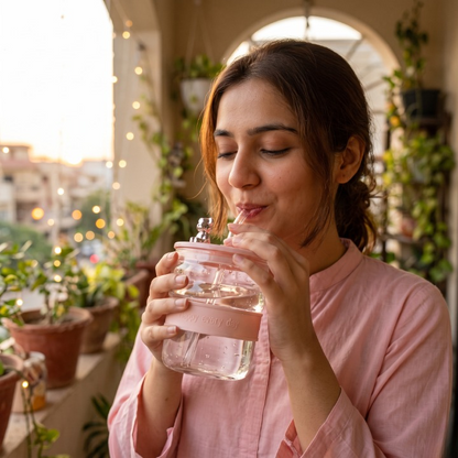 Elegant Teddy Glass Cup with Straw