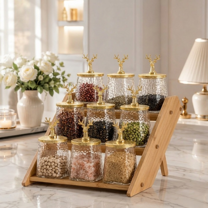9-Jar Glass Spice Wooden Rack with Deer LId