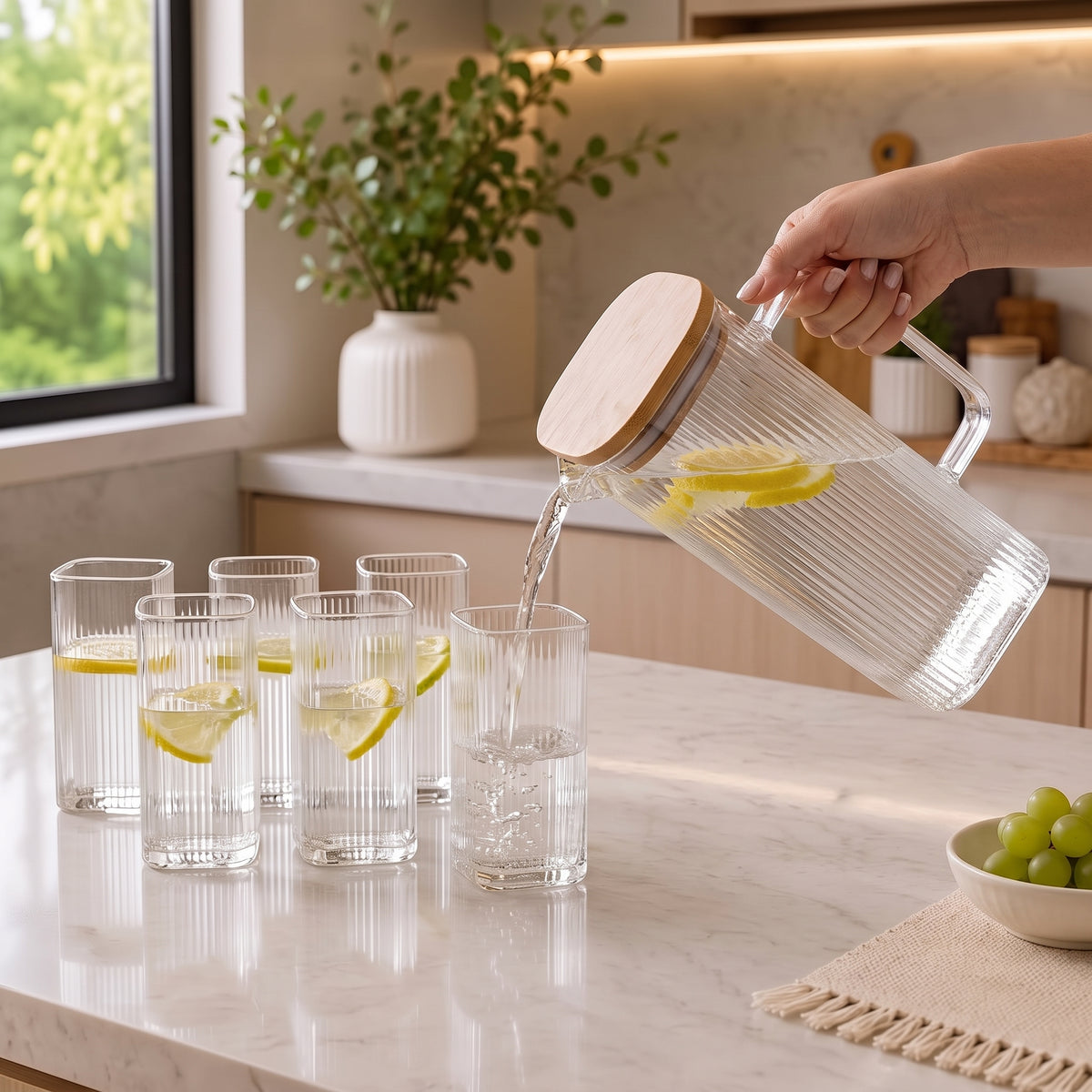7PCs Ribbed Glass Water Jug Set
