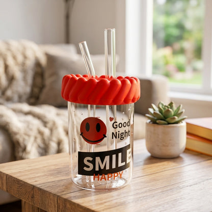 Smiley Face Glass Mug With Lid & Straws