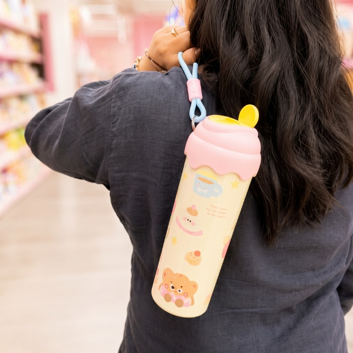 Stainless Steel Cartoon Water Bottle With Straw