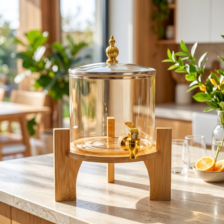 Premium Beverage Dispenser With Lid & Wooden Stand 2.6L