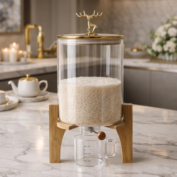 Elegant Rice Storage Jar With Wooden Stand 5.5L