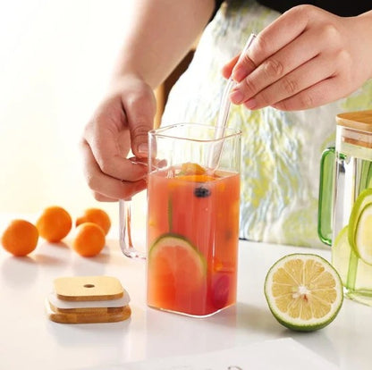 Glass Mug With Wooden Lid And Straw