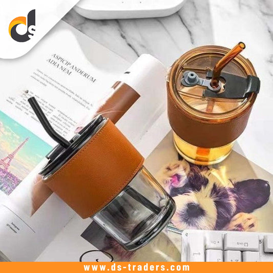 Leather Cover Glass Cup With Lid Straw