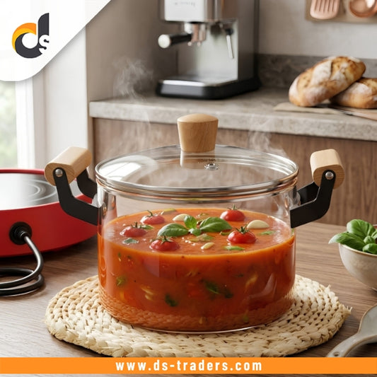 High Borosilicate Glass Cooking Pot With Lid & Handle 2.5L
