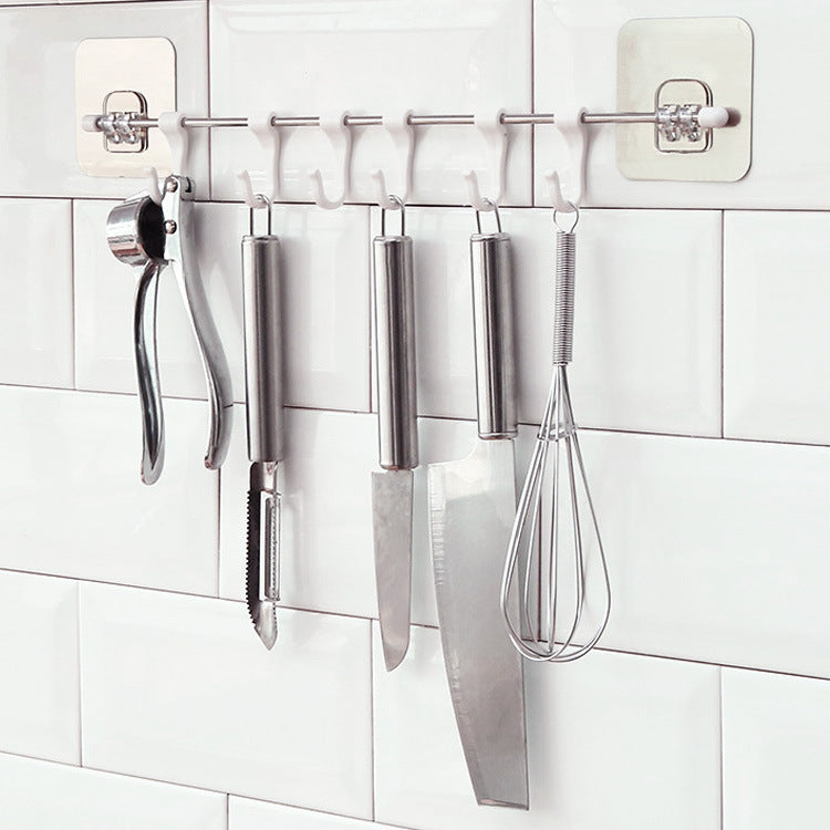 6 Hooks Hanger with Self Adhesive Stainless Steel Rod and Magic Sticker