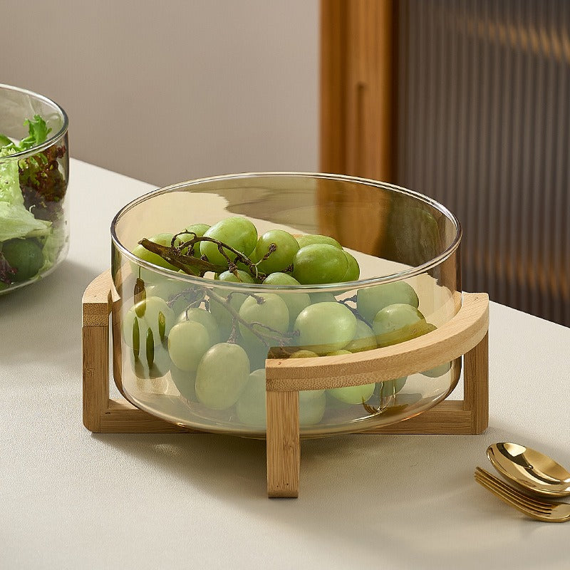 Round Glass Storage Basket with Wooden Handle