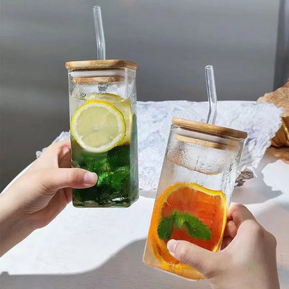 Classic Square Glass Cup with Bamboo Lid & Straw